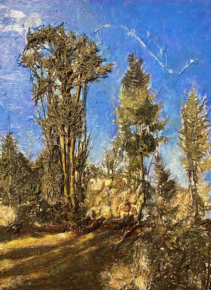 Textured landscape with trees and sky 